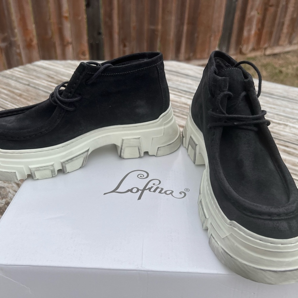 Lofina black suede ankle boots, chunky weathered look sole, EU 37.5, US 7.5, NWT